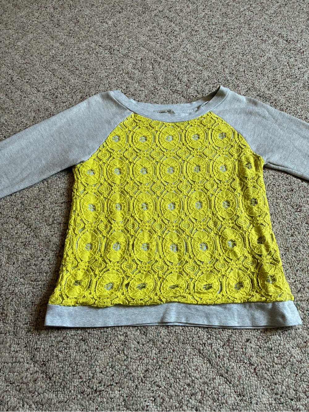 Sam & Lavi Yellow Lace Front Raglan Top with Heather Gray Sleeves